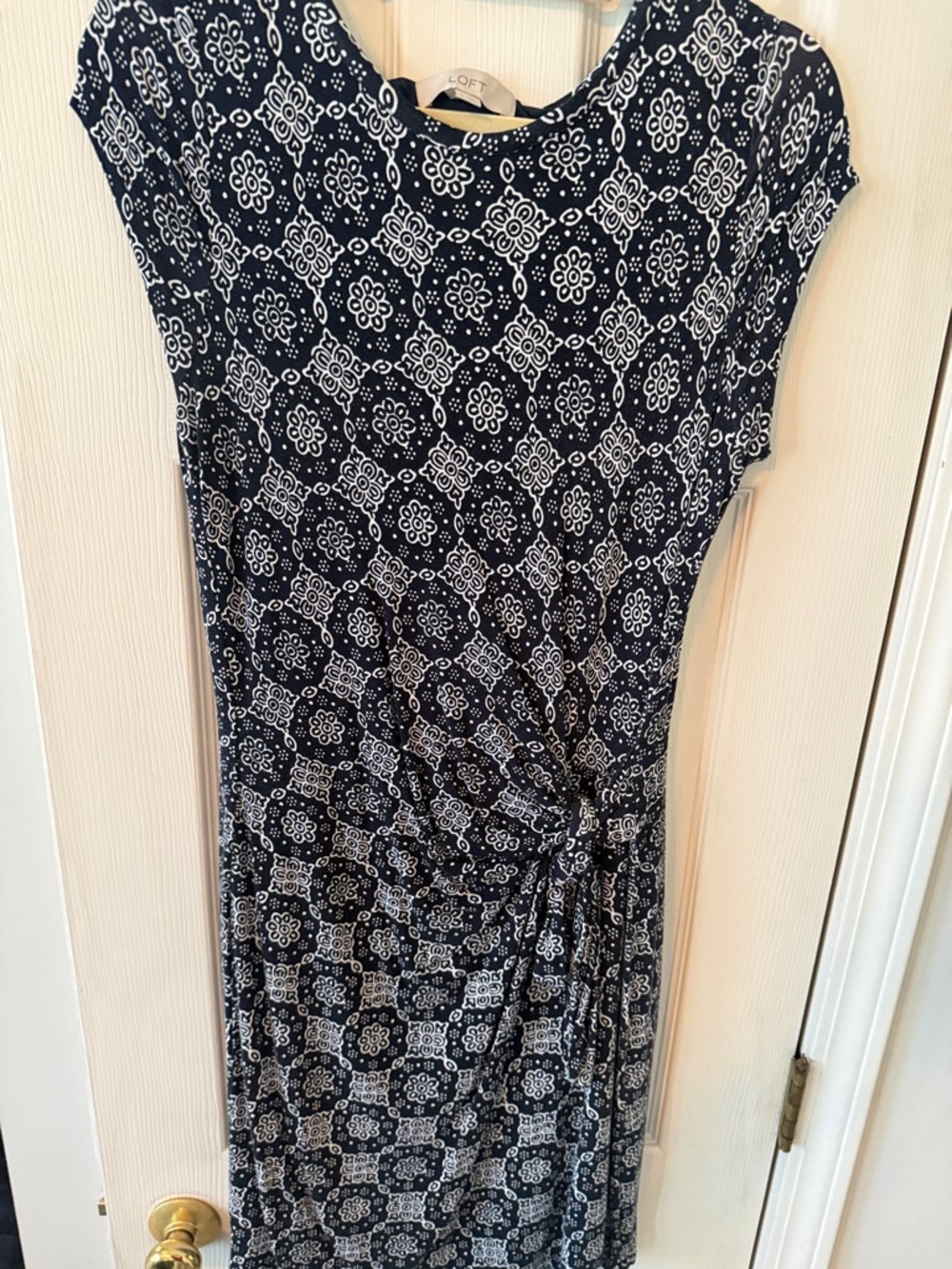 LOFT Navy and White Patterned Cap Sleeve Knot Midi Dress